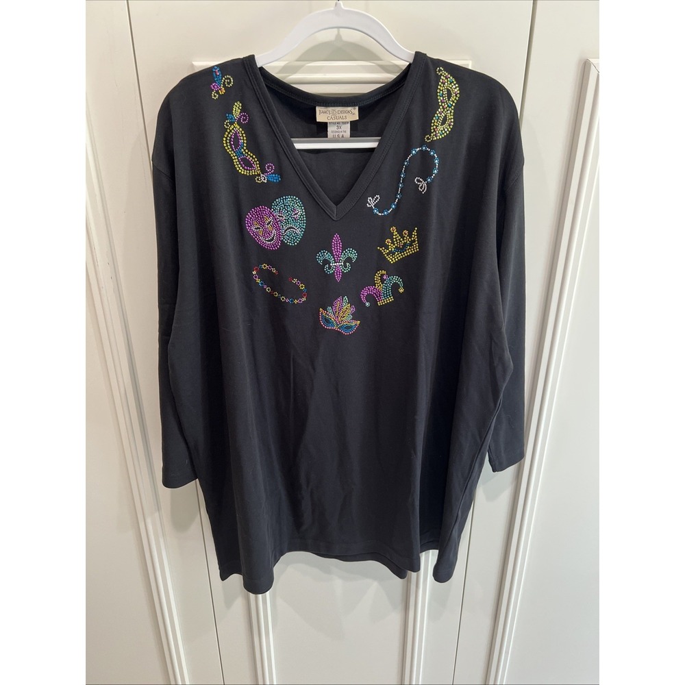 Isaac's Designs Black Embellished Knit Top Size 3X Mardi Gras Carnival Theater